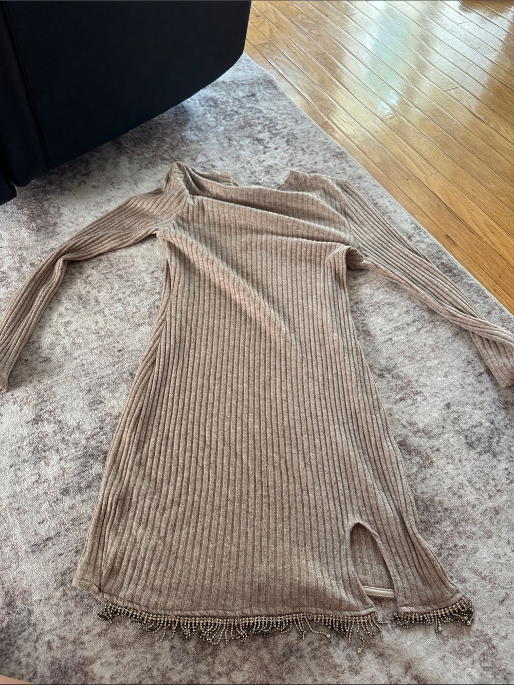 Ribbed Long Sleeve Beaded Hem Dress in Taupe